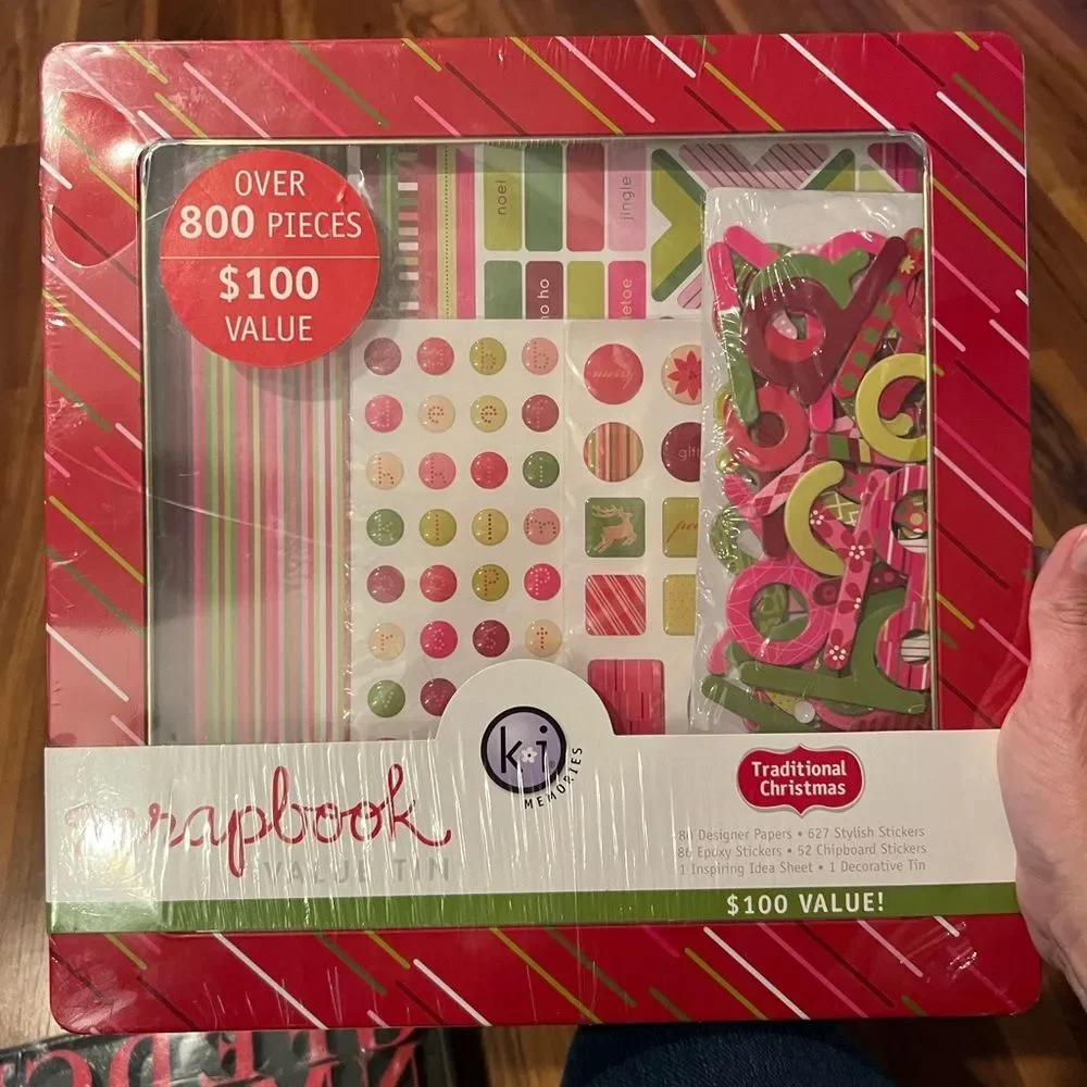 Letter stamp kit and traditional Christmas scrapbook tin